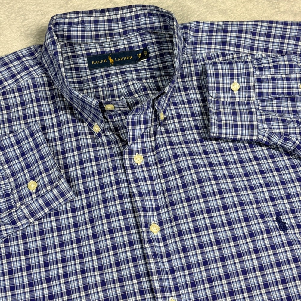 Ralph Lauren Button Down Shirt Mens 2XB Blue Plaid Long Sleeve Big & Tall Pony